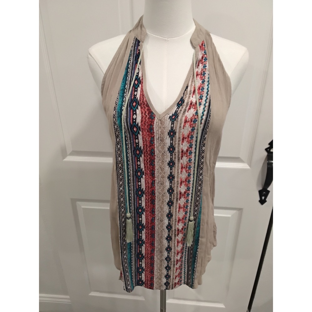 Staccato Boho Aztec Print Halter Neck Tank Top Beige Size S‎